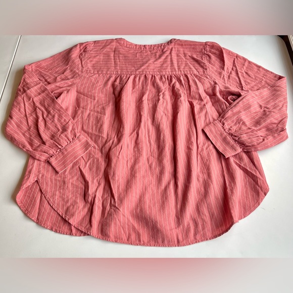 Women's LOFT Coral Pink White Striped Button Up Flowy Long Slv Blouse - Size XL - Picture 7 of 9